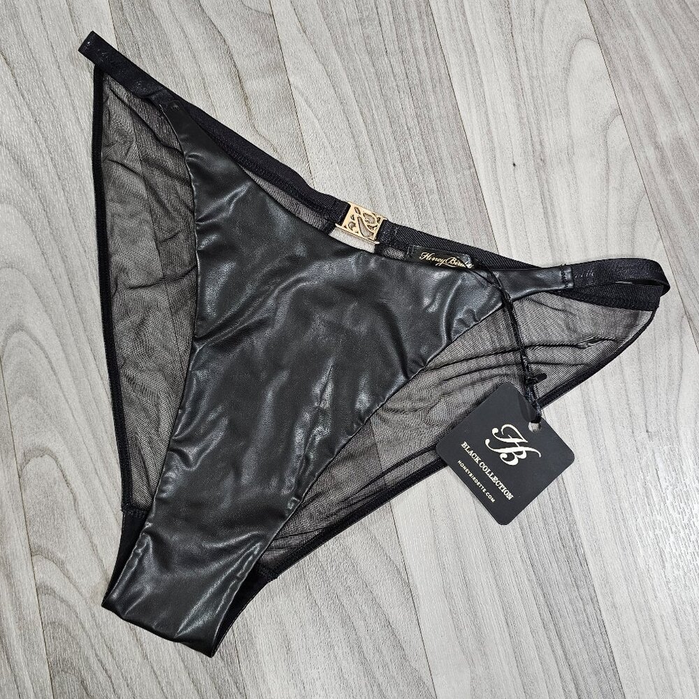 Honey Birdette Emily Nero Black Brief Panty Faux Leather and Logo Size XL